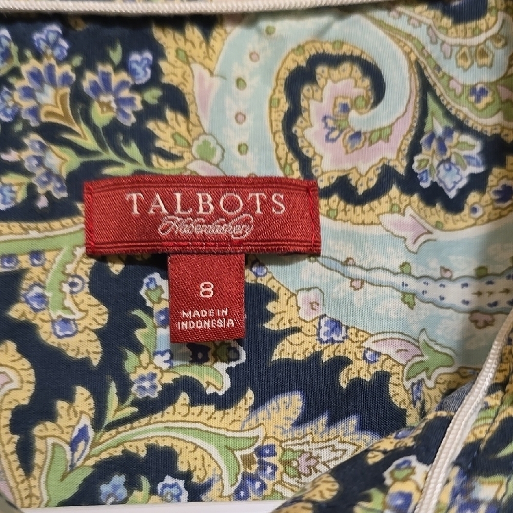 Talbots Blue and Green Paisley Long Sleeve Dress 8 - Picture 2 of 5